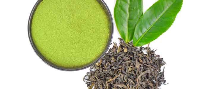 brewed matcha and green tea leaves