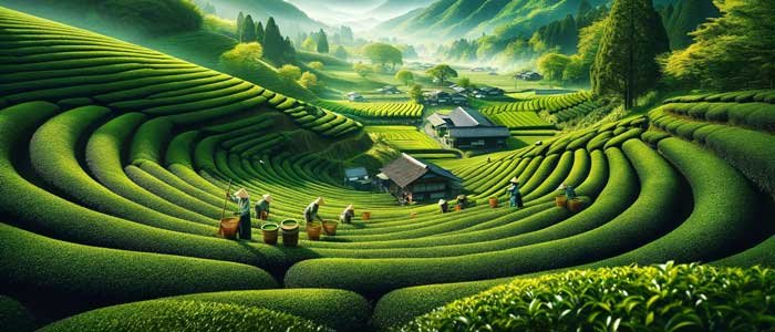 Traditional Japanese tea farm in Uji, Japan, showcasing workers tending to lush green tea fields without pesticides, embodying the natural and pure process of matcha cultivation in a serene environment.