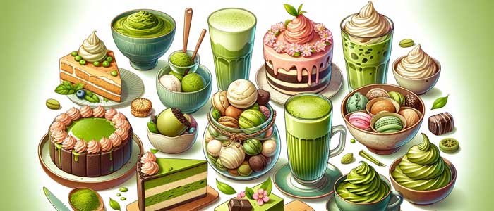 An array of matcha-infused culinary delights, including ice cream, cakes, lattes, and traditional sweets, showcasing the versatility of matcha in Japanese and Chinese cuisine.