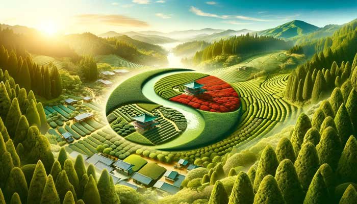 An artistic fusion of Japanese and Chinese matcha traditions, where a serene Japanese tea garden seamlessly merges with a vibrant Chinese tea plantation. This image symbolizes a harmonious conclusion to the comparison of both matcha varieties, conveying unity and an appreciation for the diverse practices and cultures surrounding matcha production.
