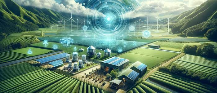 A depiction of 'The Future of Matcha Production', merging traditional and modern elements, showcasing a futuristic matcha farm with eco-friendly technologies like solar panels alongside traditional cultivation, set against a backdrop of a clear blue sky and lush green fields, symbolizing a sustainable, innovative future for matcha production.