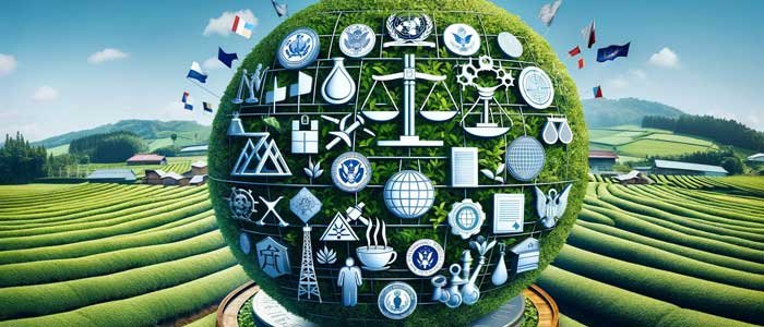 A symbolic representation of international and local regulations in matcha production, featuring scales of justice, flags, and official seals juxtaposed with matcha fields, illustrating the intricate network of standards and compliance governing the matcha industry.