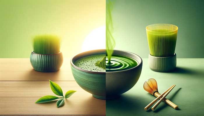 A 7x4 image illustrating 'The Implications of Choosing Fake Matcha'. On the left, a bowl of healthy, vibrant green matcha tea symbolizes the benefits of authentic matcha. The right side shows a contrasting scene with a cup of dull, unappealing green tea, representing the inferior quality and potential health risks of fake matcha. The background transitions from a bright, lively environment on the left to a more muted and less vibrant setting on the right, visually highlighting the negative consequences of opting for fake matcha.