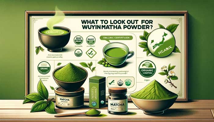 A 7x4 image illustrating 'What to Look Out for When Buying Matcha Powder?'. The left side displays high-quality matcha powder in a traditional bowl, showcasing its bright, vibrant green color. Next to it is a label for organic certification and a small map of Japan, emphasizing the importance of origin. On the right, there's a less vibrant matcha powder in another bowl with a generic label, representing lower quality matcha. The setting is clean and informative, visually guiding the viewer on key aspects to consider in matcha powder selection.