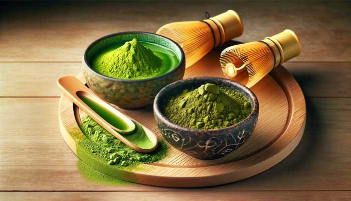 Side-by-side comparison of real and fake matcha in a 7x4 format. The left bowl contains vibrant, bright green authentic matcha, while the right bowl shows dull, yellowish-green powder, indicative of lower quality matcha. Set on a wooden surface with bamboo whisks and spoons, the image highlights the striking contrast in color and quality between the two types of matcha.