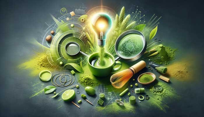 It symbolically represents the key findings related to matcha's benefits, featuring vibrant green matcha powder, a whisked cup of matcha tea, and elements symbolizing discovery and revelation, conveying the theme of uncovering the hidden strengths and health benefits of matcha.