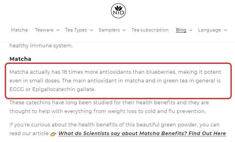 nioteas on blueberry vs matcha antioxidants content